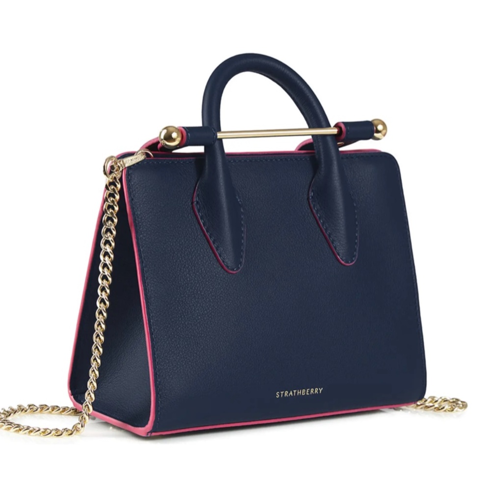 Strathberry Navy Leather Mini Top-Handle Crossbody with Pink Trim - Picture 1 of 16